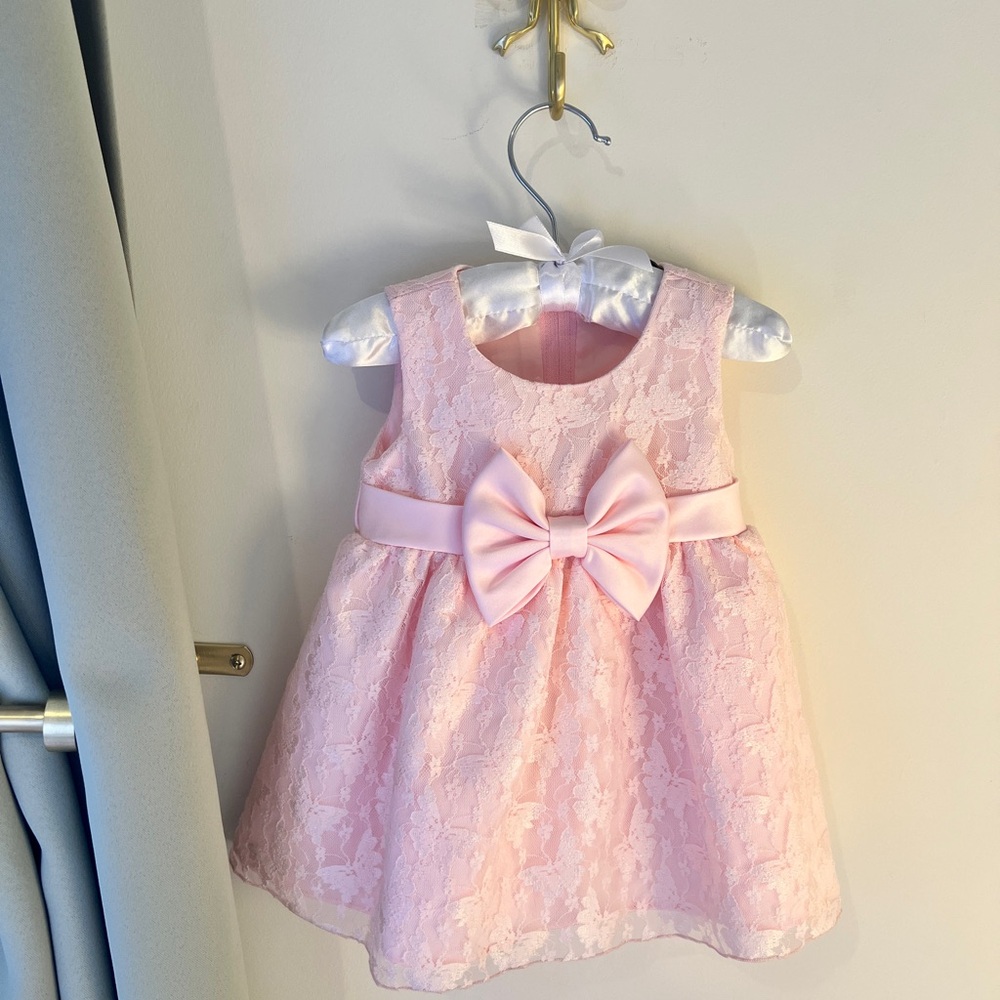 Pink Lace Baby Dress with Bow by Rare Editions